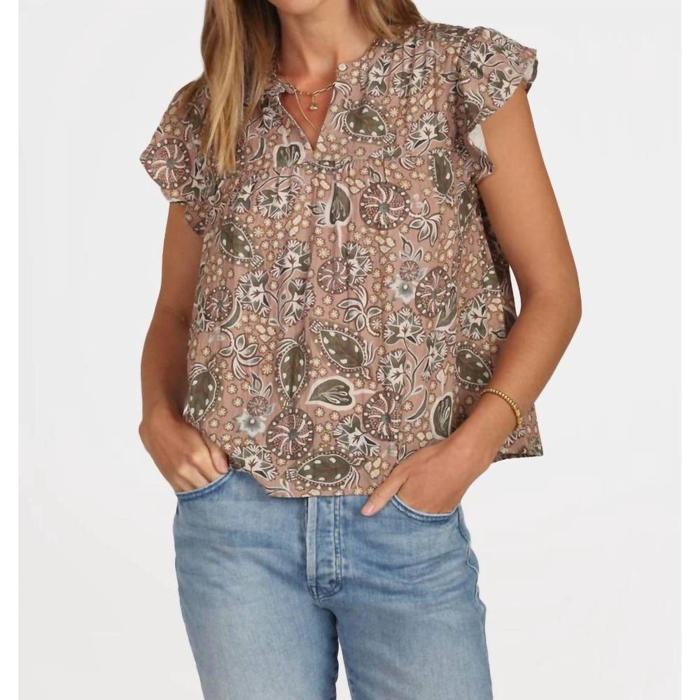 dylan Floral Paisley Ruffle Sleeve Blouse in Taupe and Olive